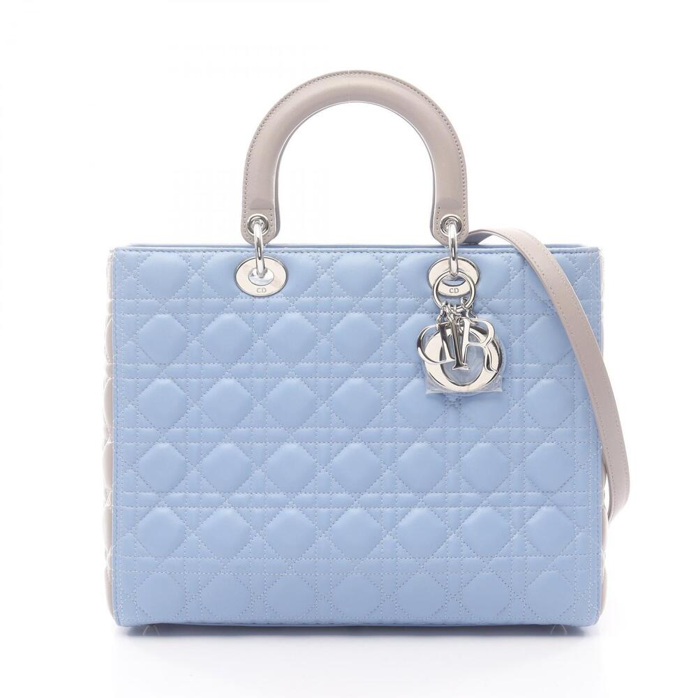 Christian Dior Lady Cannage Handbag Leather Blue Gray